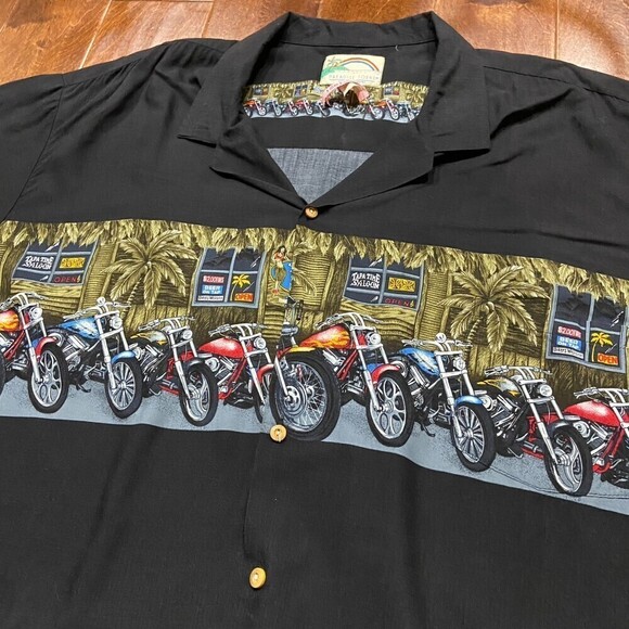 Paradise Found Hawaii Hawaiian Motorcycle Print Rayon Shirt Men's Size 4XL - Picture 2 of 9